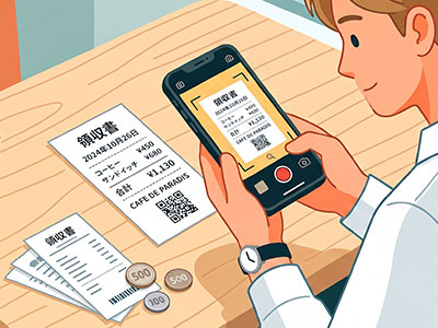 机の上に置いた領収書を、スマートフォンのカメラで撮影しているイラスト。
