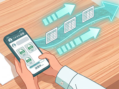 スマートフォンからCSVファイルを送信しているイラスト。
